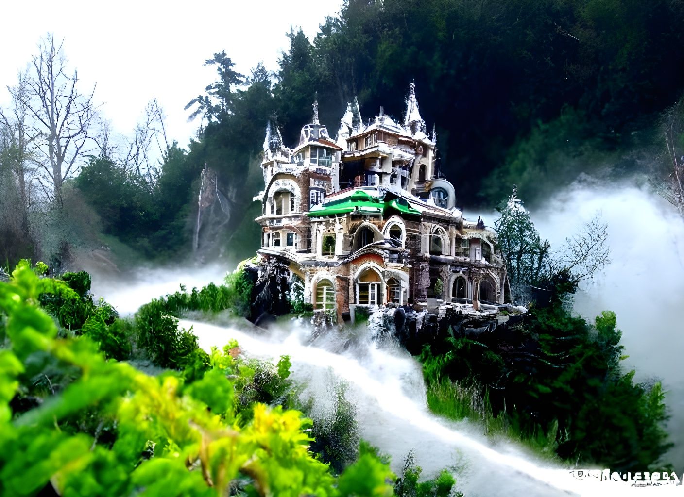 Victorian Palace on Cliff with Waterfalls in Hyperrealism