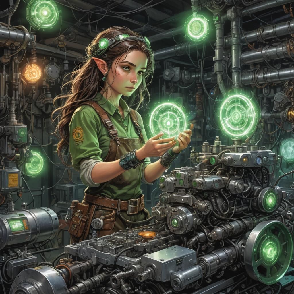 Elven Mechanic Performs Maintenance in Cyberpunk Style