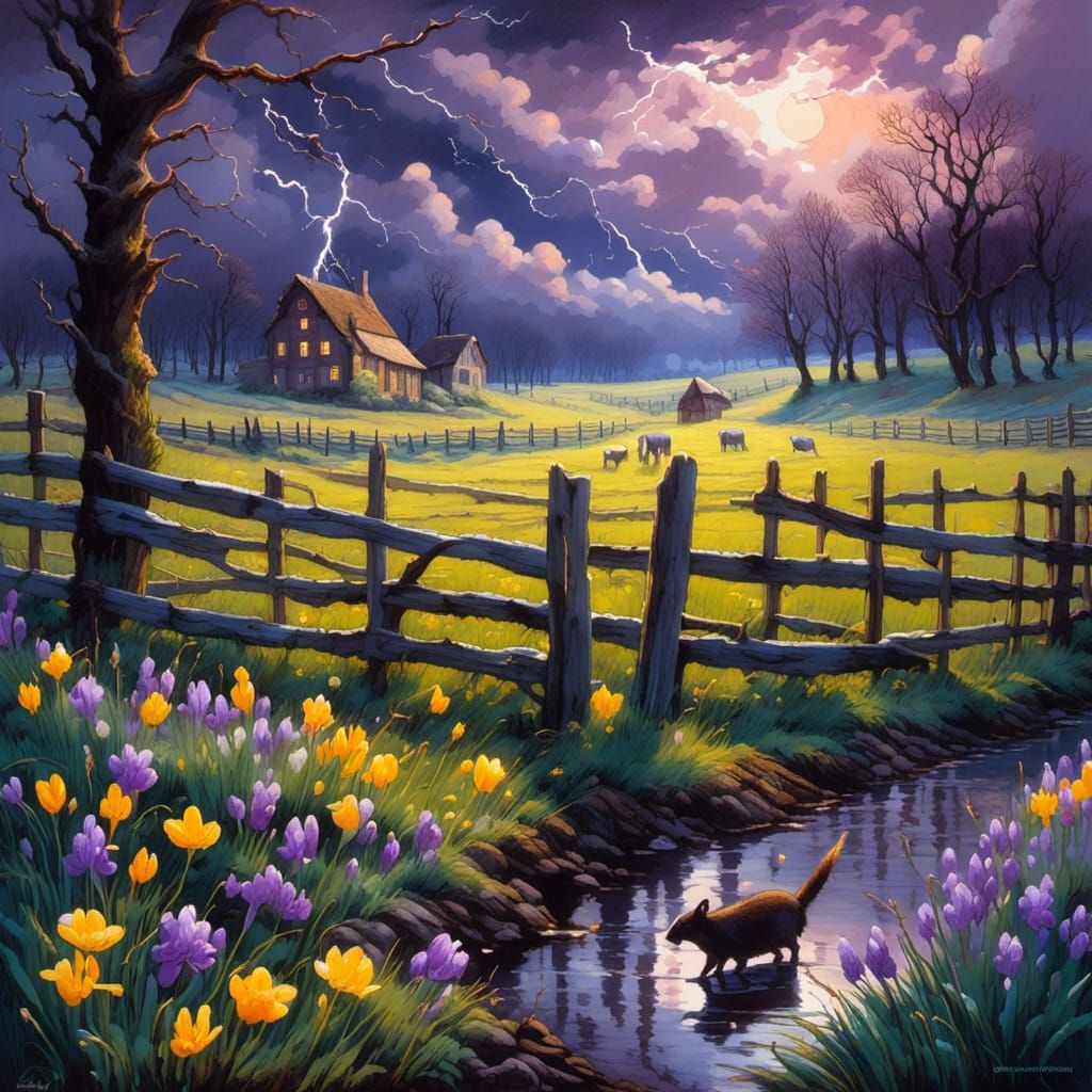 Stormy Night Crocuses in Impressionist Gouache Style