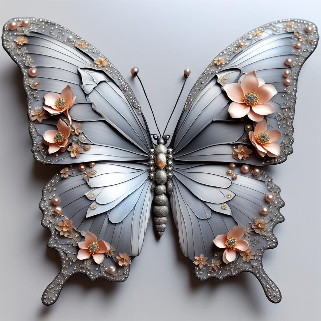 Gray Butterfly with Rhinestones and Golden Flowers