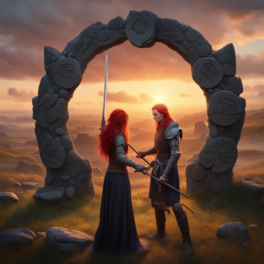 Celtic Fairy Warriors Fencing at Sunset