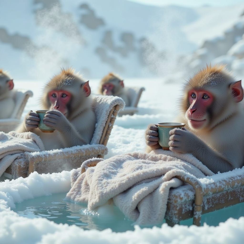Japanese Macaques Enjoying Winter Onsen in Snowy Landscape