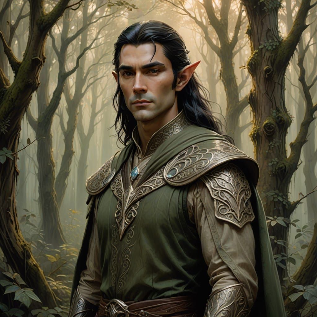 Wood Elf in Misty Forest - Elegant Oil Painting