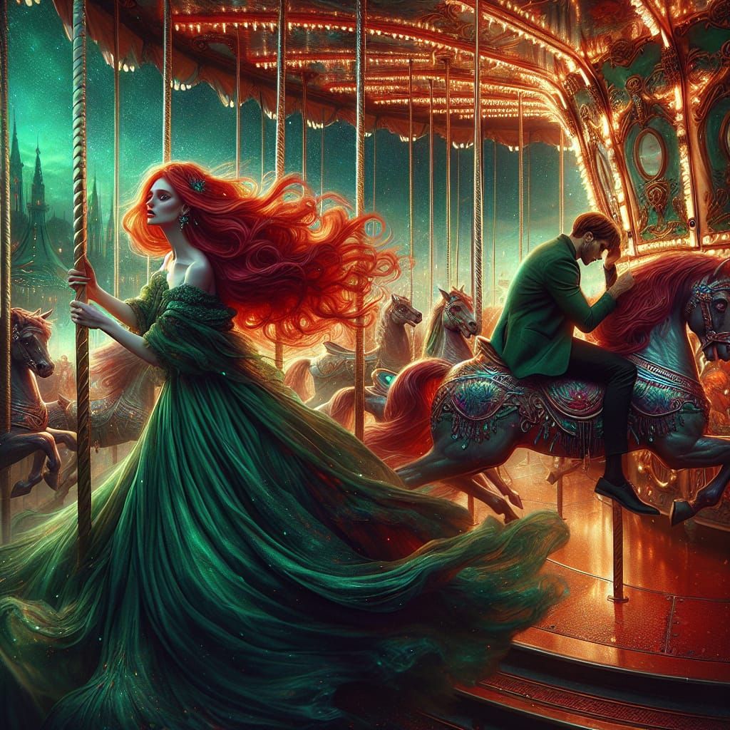 Enchanting Carousel with Red-Haired Woman, Fantasy Art