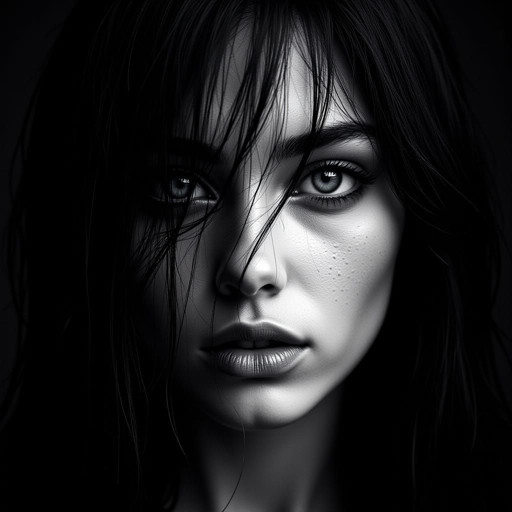 <lora:Dark Doodles:1.0> <lora:Blacklight V2:1.0> Hyperrealistic duotone portrait by Niki Boon style, pure black and whit...