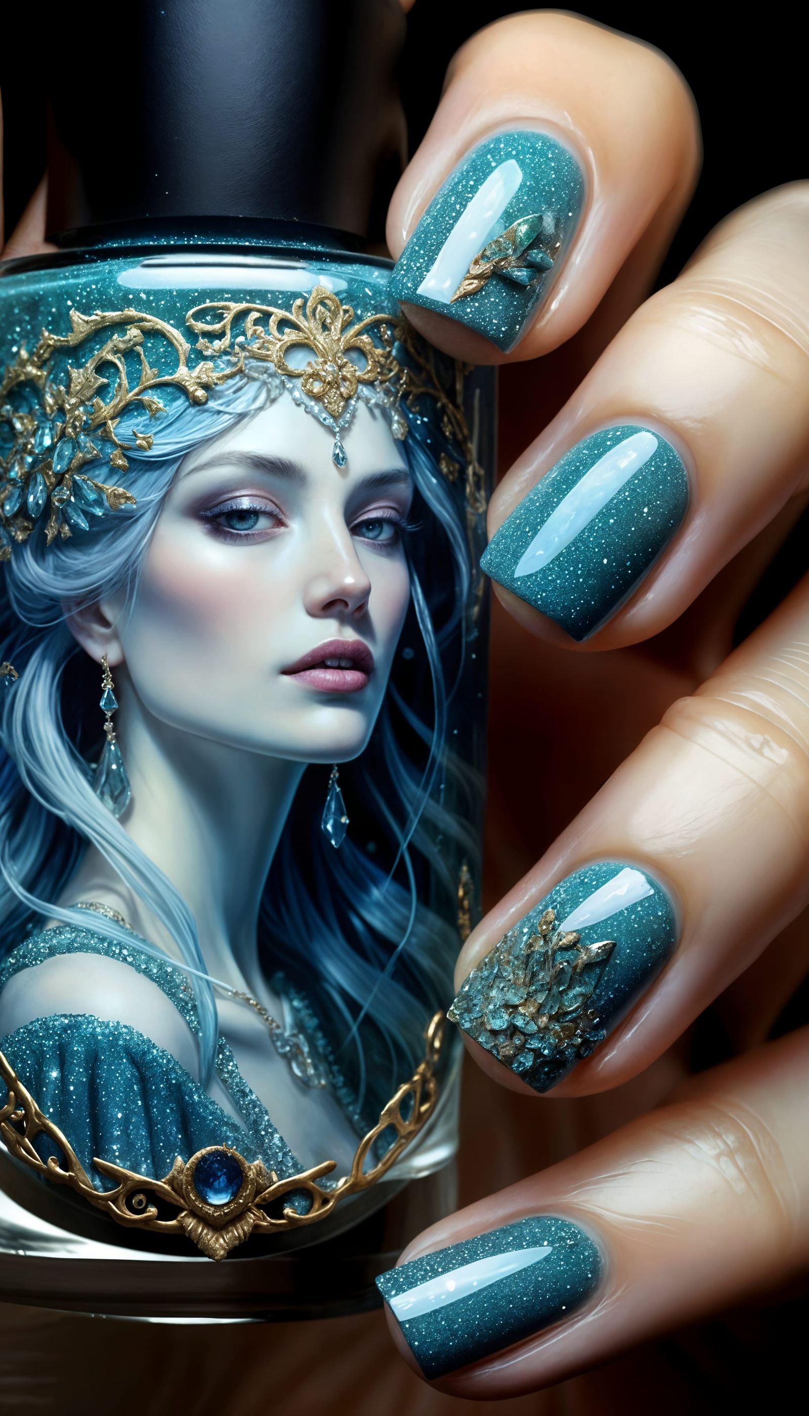 Elegant Hands Adorned with Fantasy Glitter Nail Art
