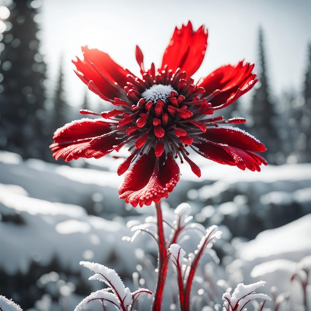 Monochrome Red Flower in Icy Winter Landscape