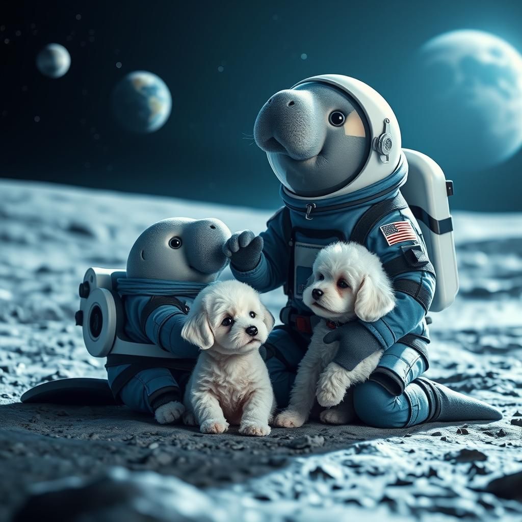 Manatee and Puppy Astronauts Bond on the Moon