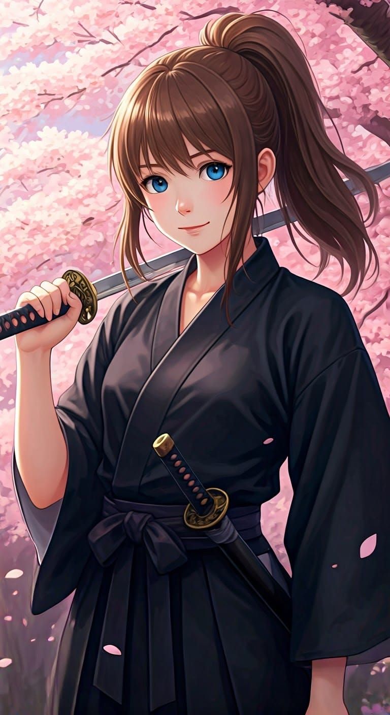 Anime Girl with Katana in Cherry Blossoms