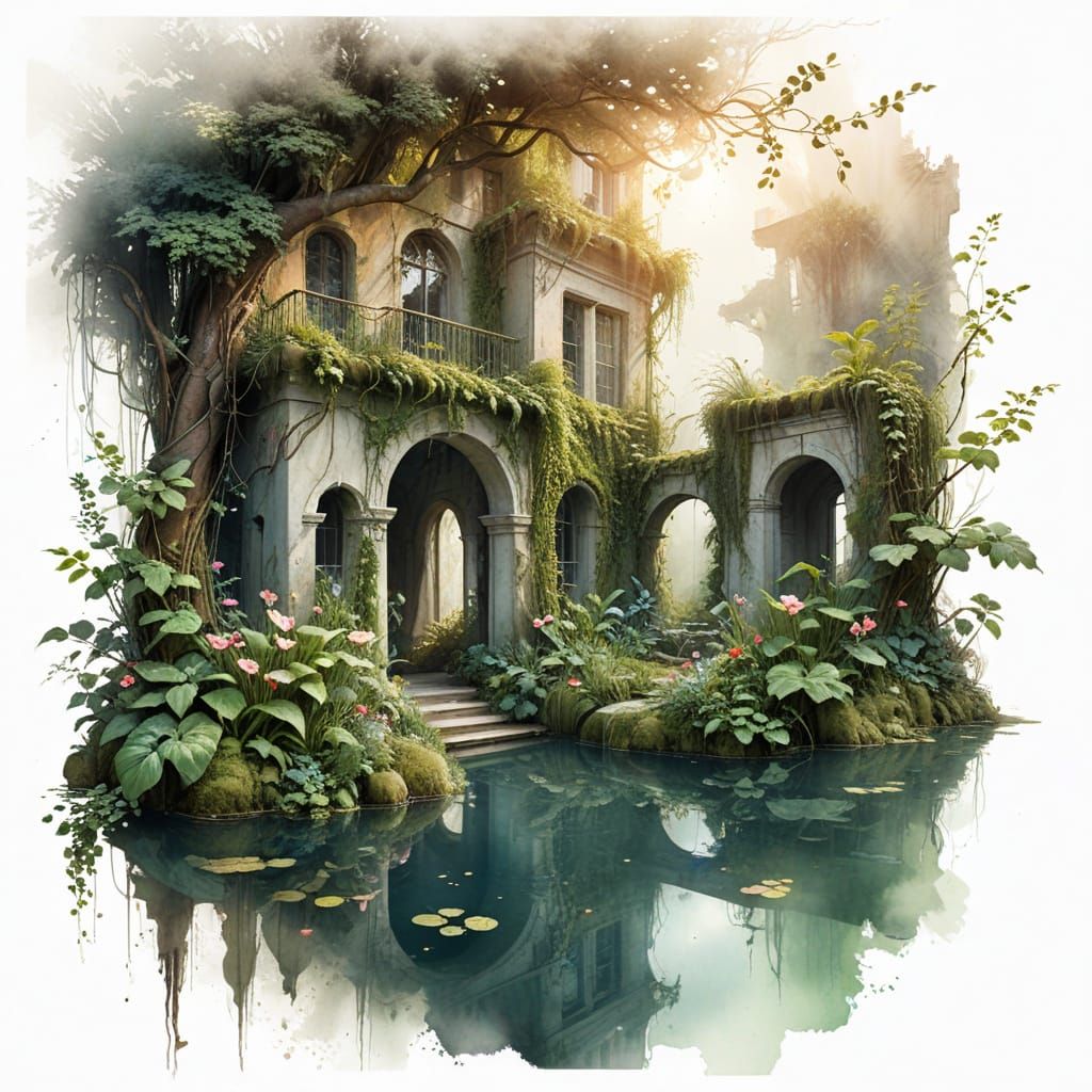 Surreal Watercolor Garden Oasis in Urban Haven