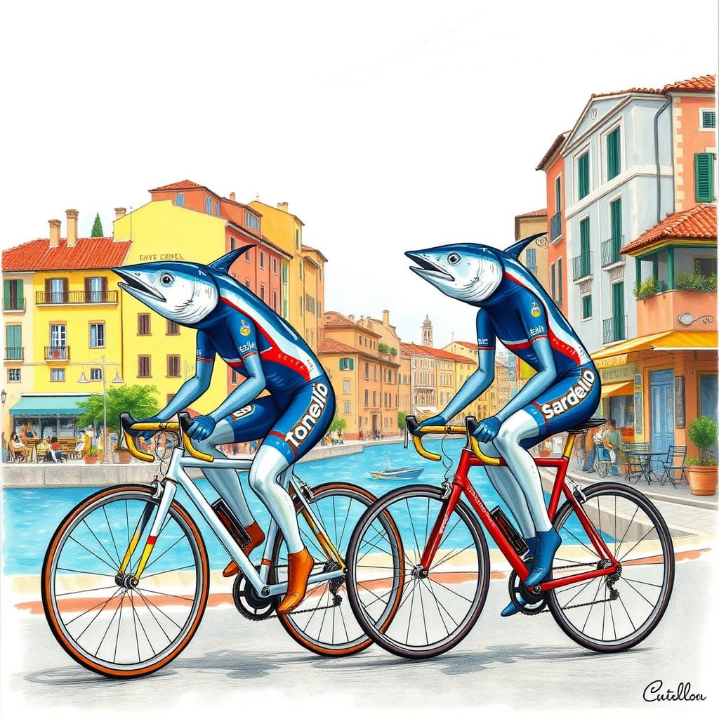 Italian Fish Cyclists Ride Through Vibrant Seafront Town