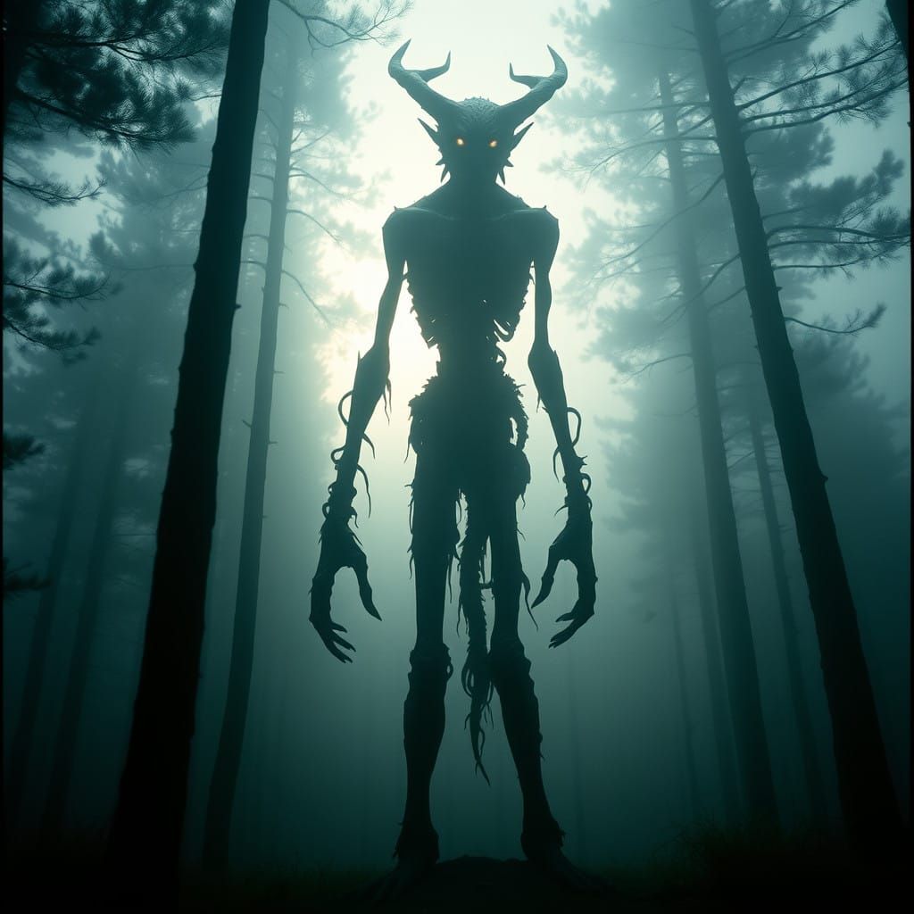 a wendigo in a pine forest