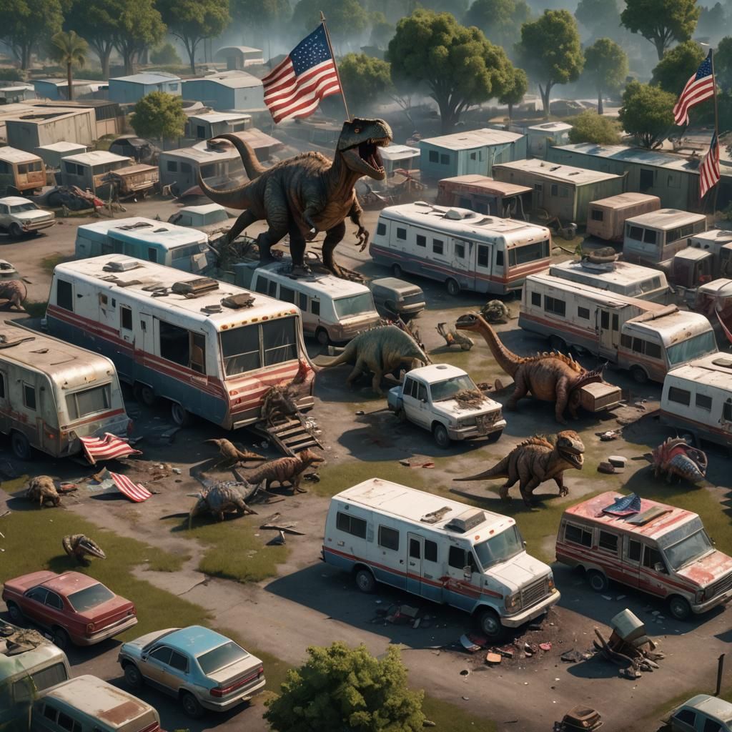 Dinosaurs Demolish Trailer Park: Detailed Matte Painting