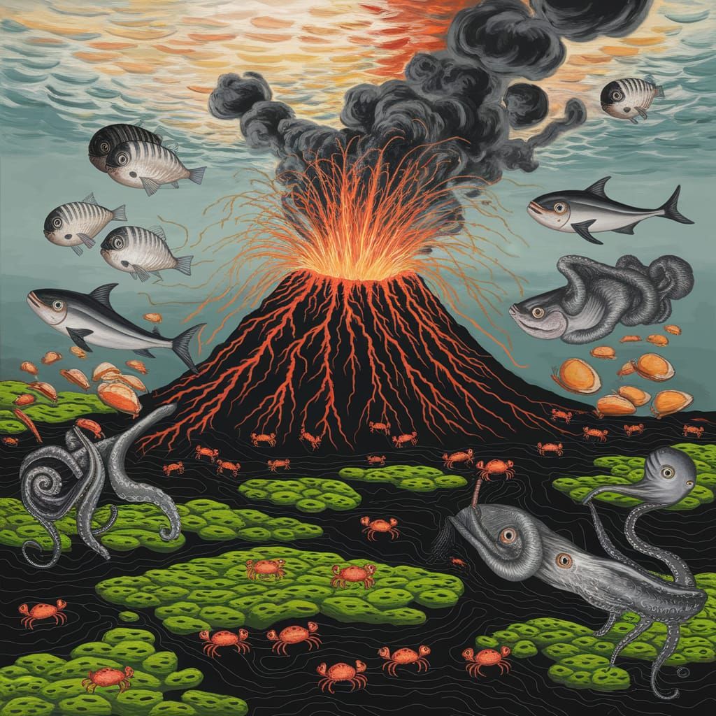 Underwater Volcano Eruption in Expressionist Style