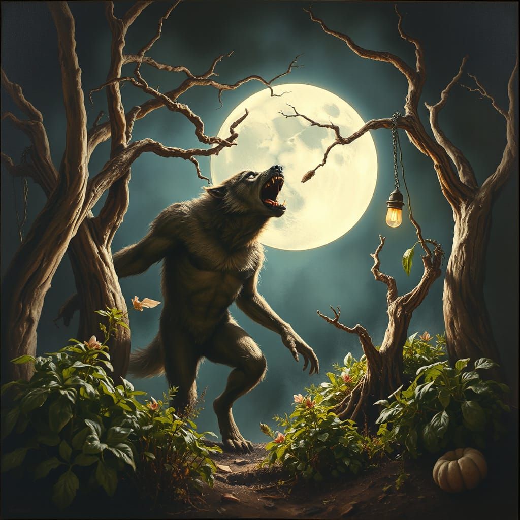 Werewolf Howling in Garden: Horror Oil Painting