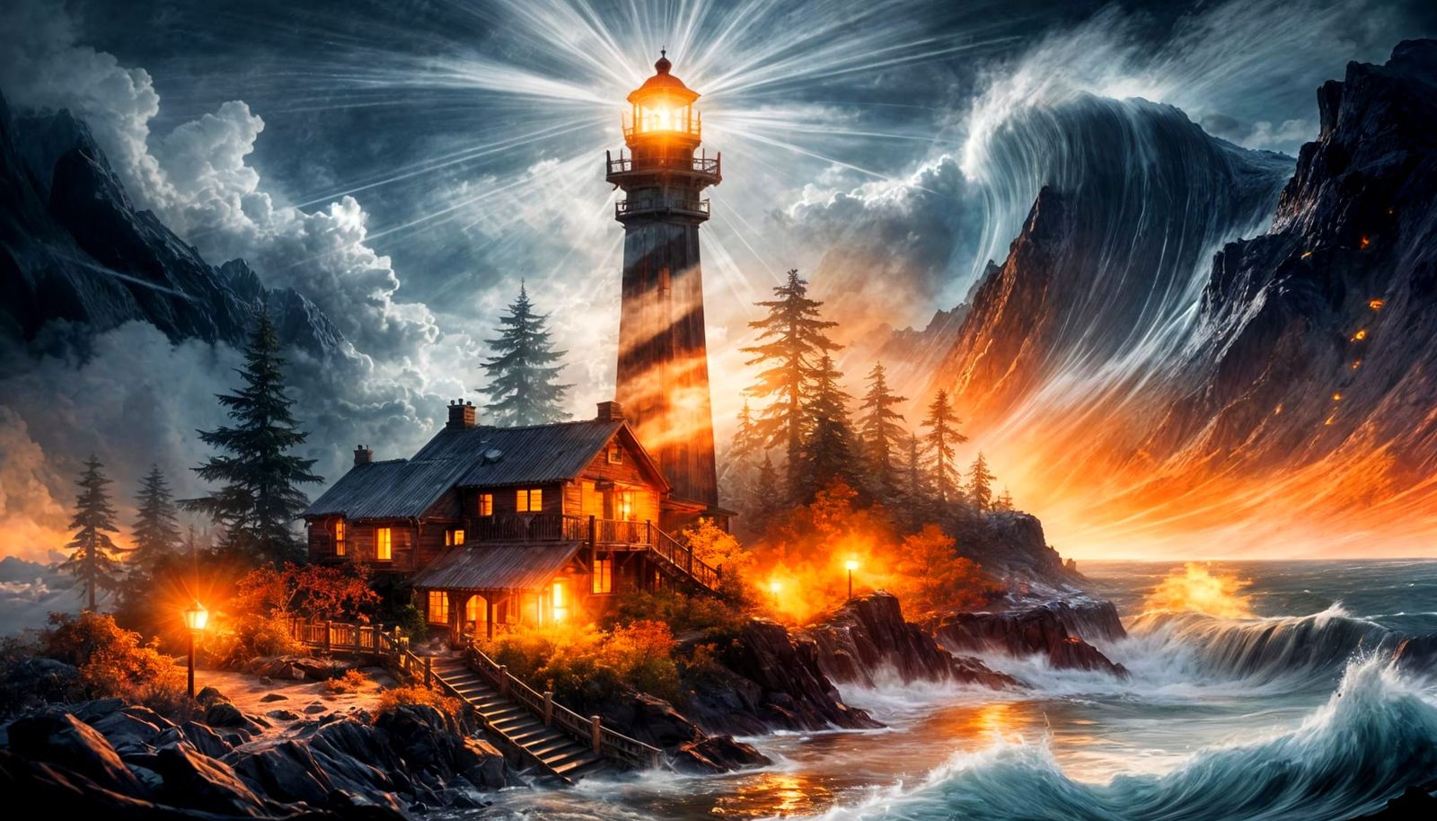 Lighthouse Beacon Shines Through Stormy Night