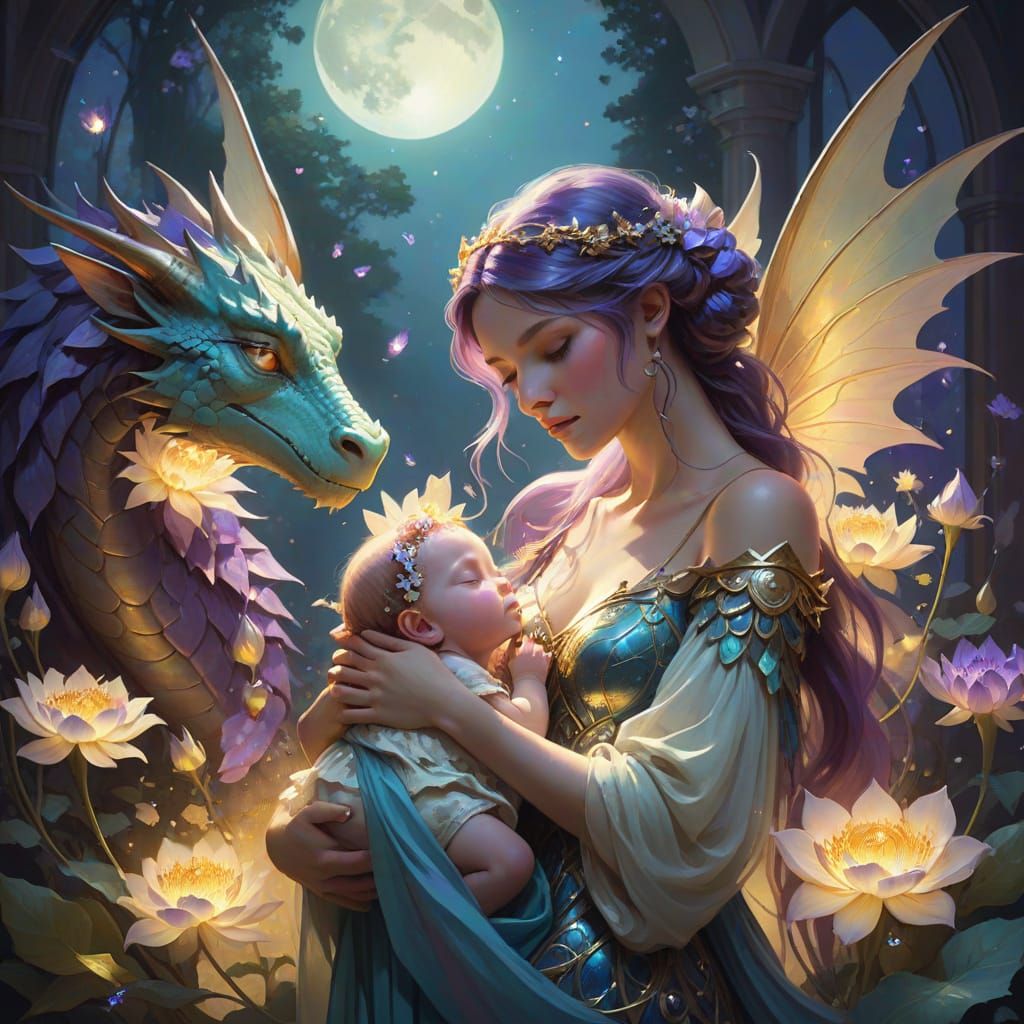 Fairy Cradling Dragon in Moonlit Fantasy