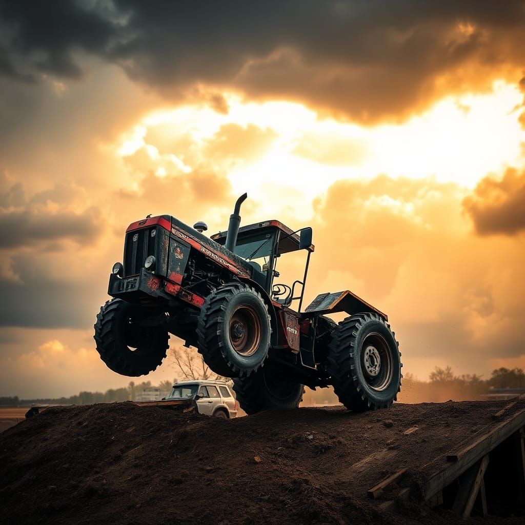 Tractor Soaring Through Stormy Skies in Hyperrealism