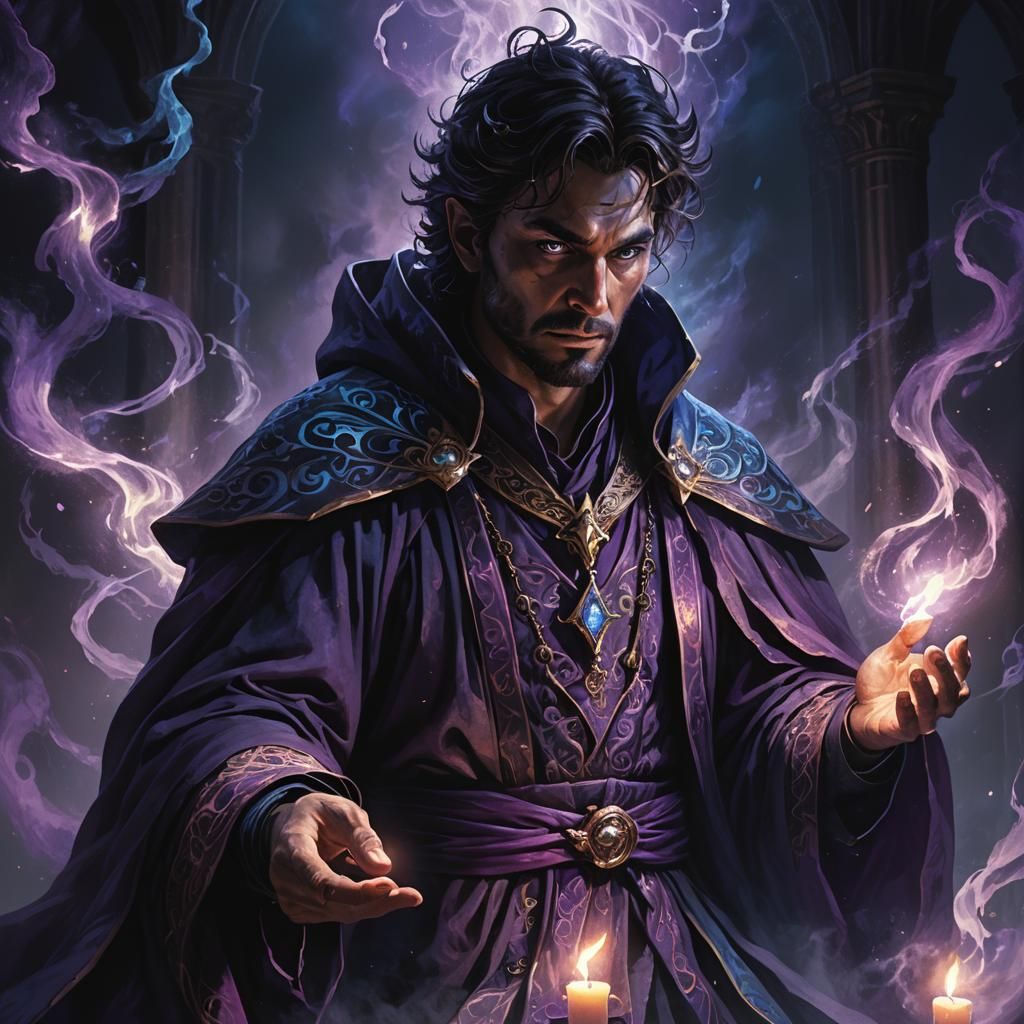 Male Sorcerer Casting Shadow Magic in Dark Fantasy