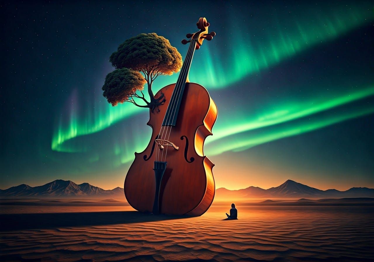 Surreal Cello Landscape in Whimsical Fantasy Style