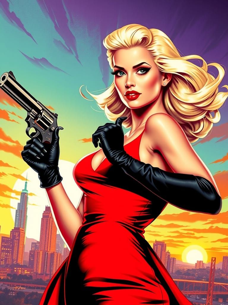 Sultry Femme Fatale in Retro Sunset Glamour