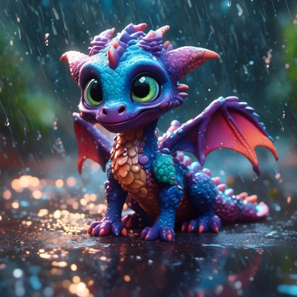 Adorable Baby Dragon in the Rain: Detailed Digital Art