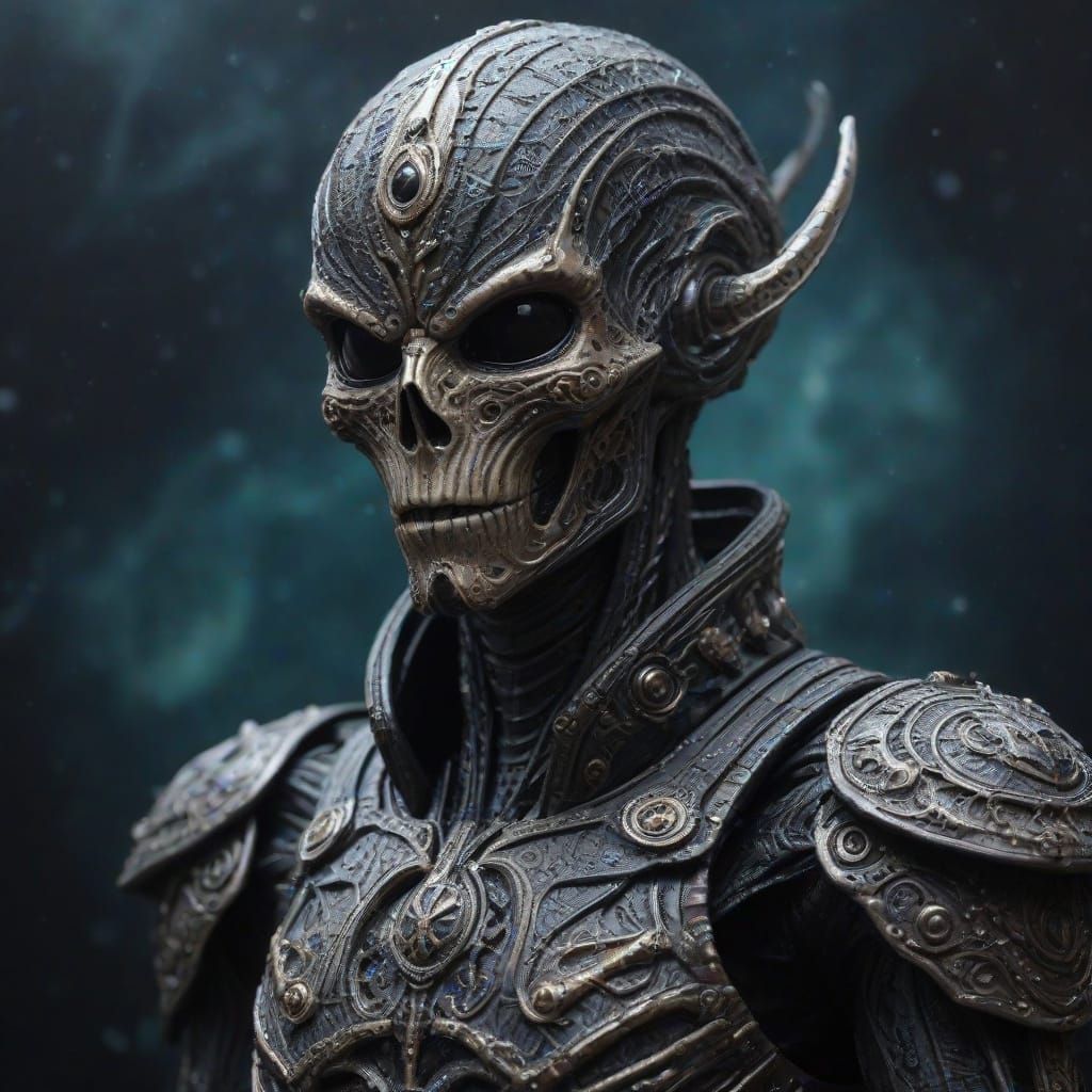 Ethereal Dark Fantasy Alien Warrior in Cosmic Macabre Ornate...