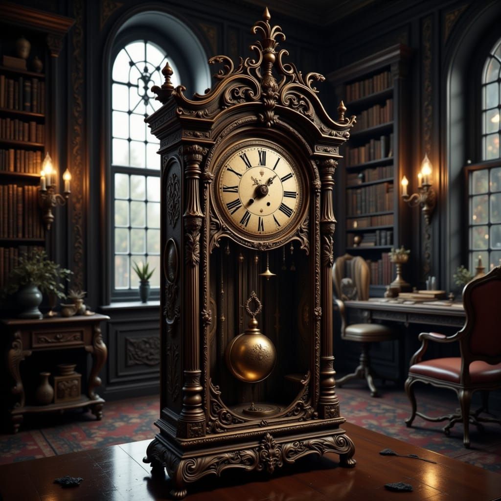 Antique Clock with Human Face in Victorian Study