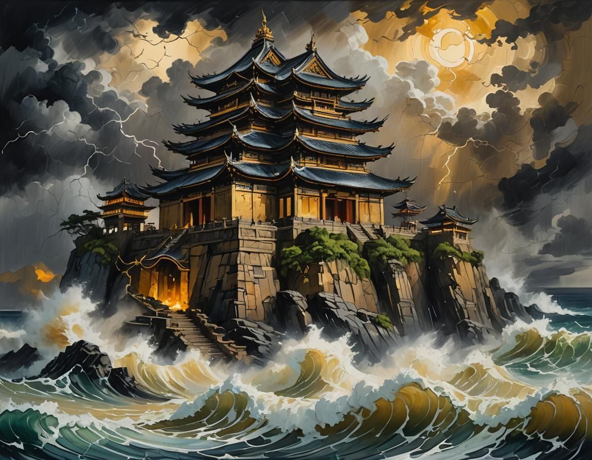 Cliffside Temple in Storm, Impasto Gouache Painting
