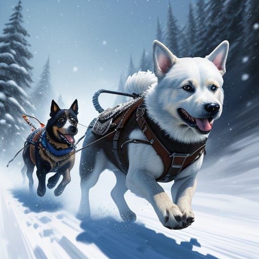 Dogs Pulling Sled Through Snowy Landscape