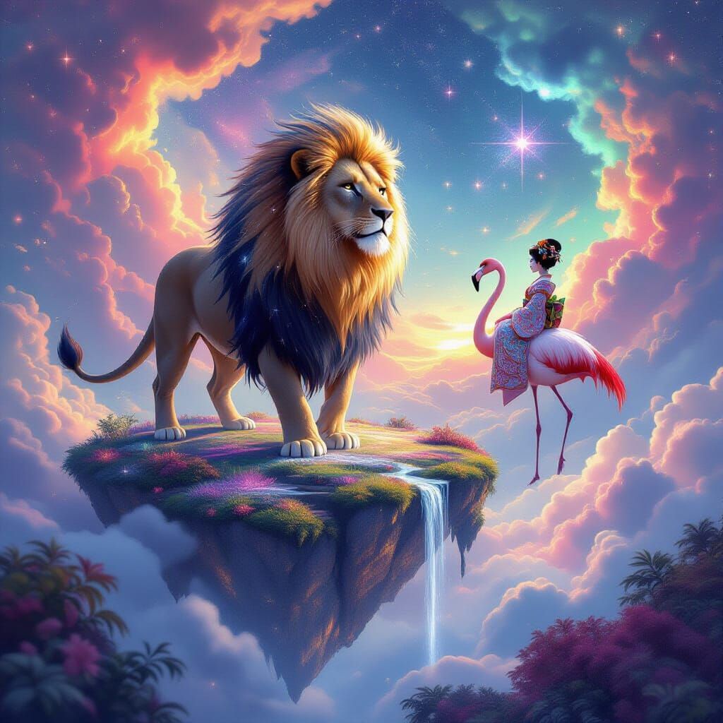 Stardust Lion on Celestial Island in Nebula