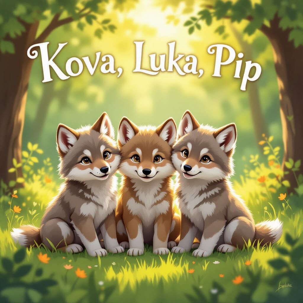 Three Wolf Cubs with Names Kova, Luka, Pip in Forest