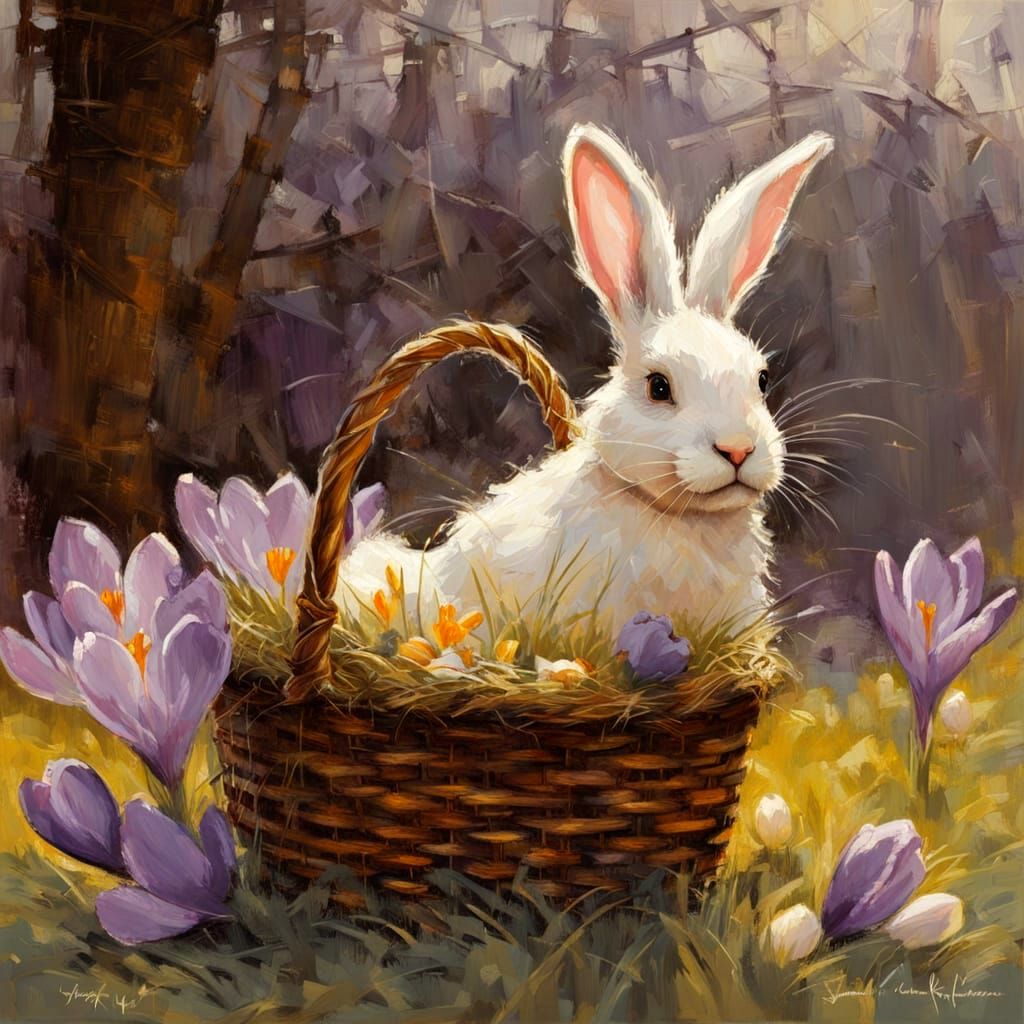 Vibrant Easter Bunny in Whimsical Wicker Basket with Bloomin...