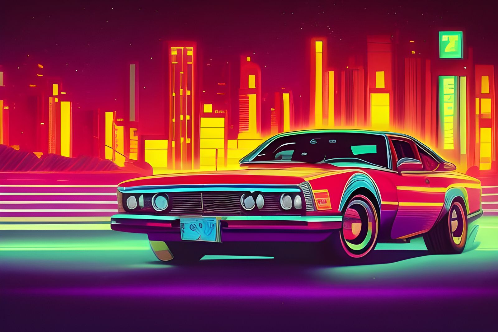 Classic Cars in Neon City Synthwave Digital Art