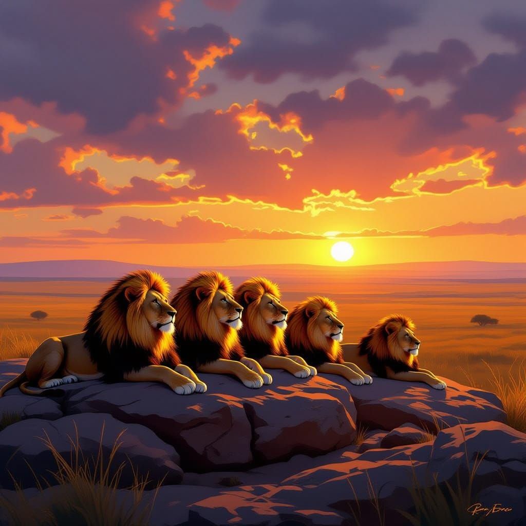 Majestic Lions Basking on Savanna in Dramatic Sunset Light