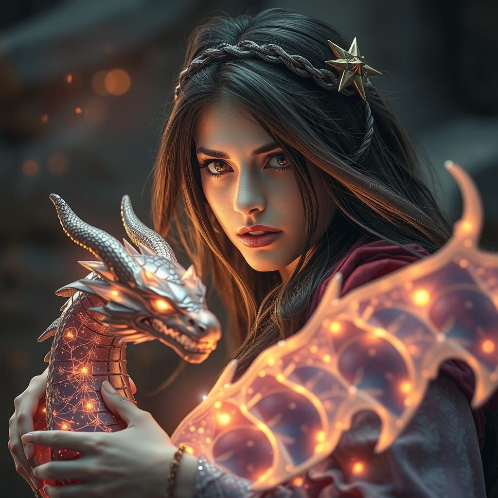 Sorceress with Energy Dragon in Ethereal Setting