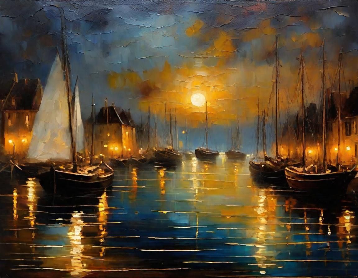 Ancient Harbor at Night: A Romanticism Oil Painting