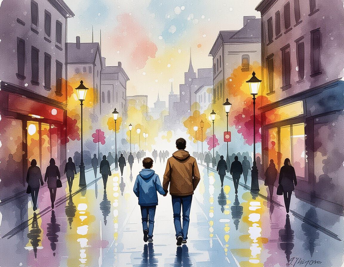 Boy Walking in City with Alcohol Ink Art
