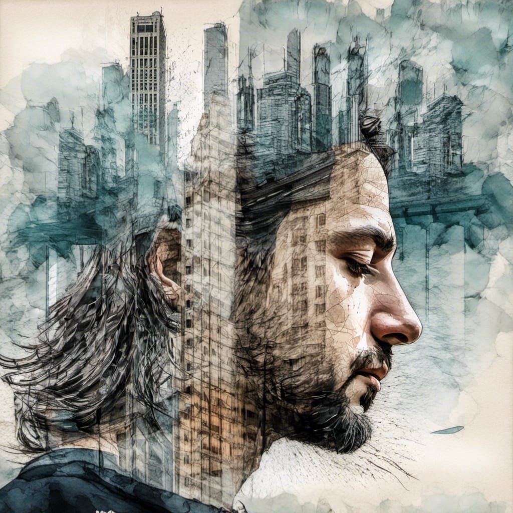 Street Head Skyscraper Double Exposure Splash Art