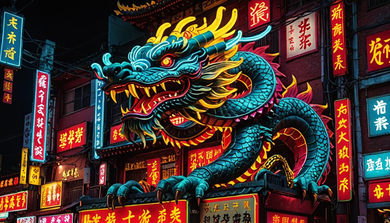 Vibrant Neon Dragon Illuminates Chinatown Night