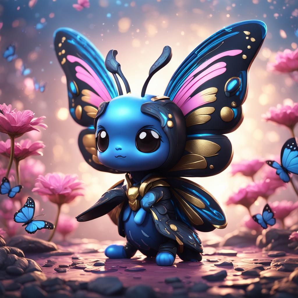 Chibi Butterfly in Blue, Pink, Black, and Gold