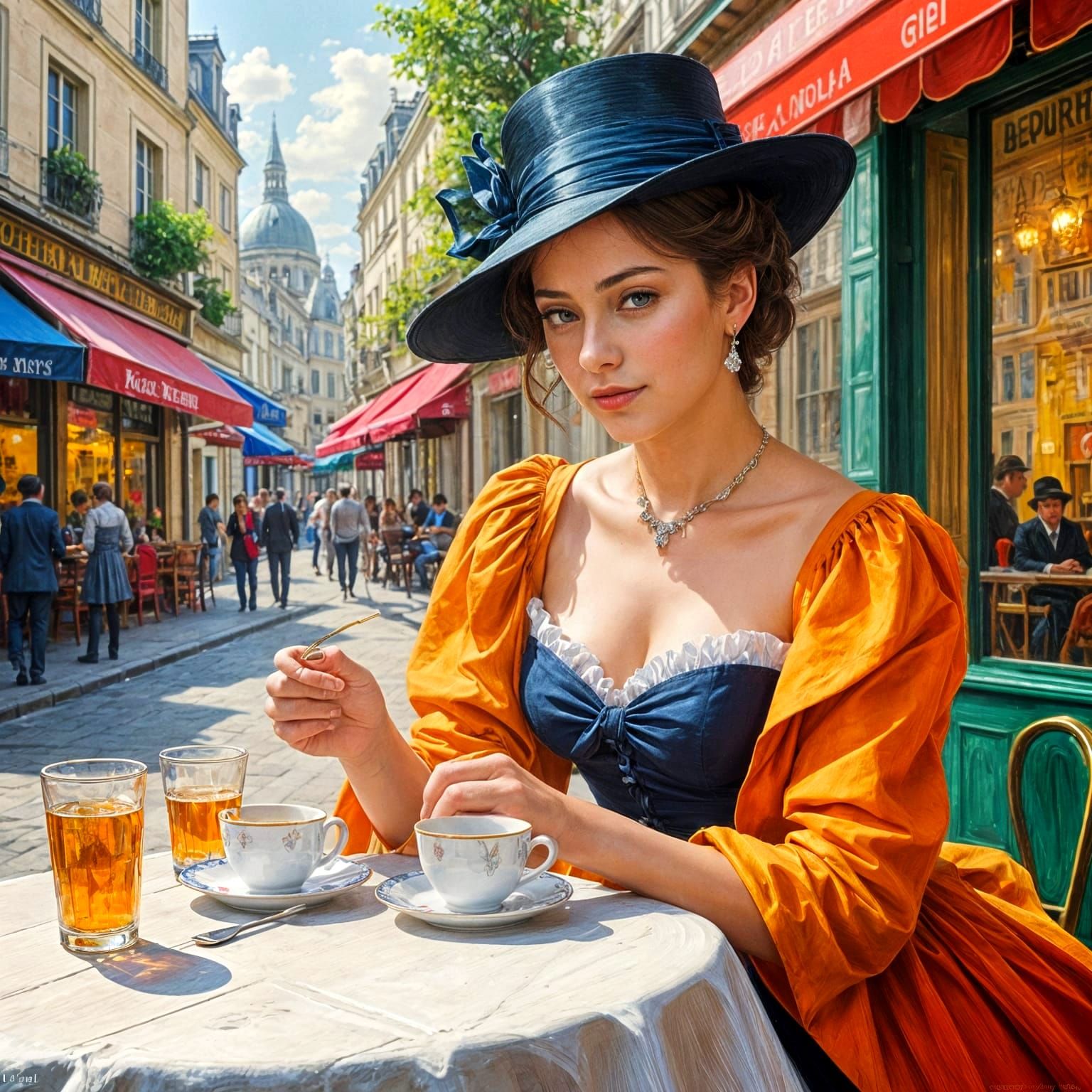 Parisian Cafe Scene as Impasto Oil Painting