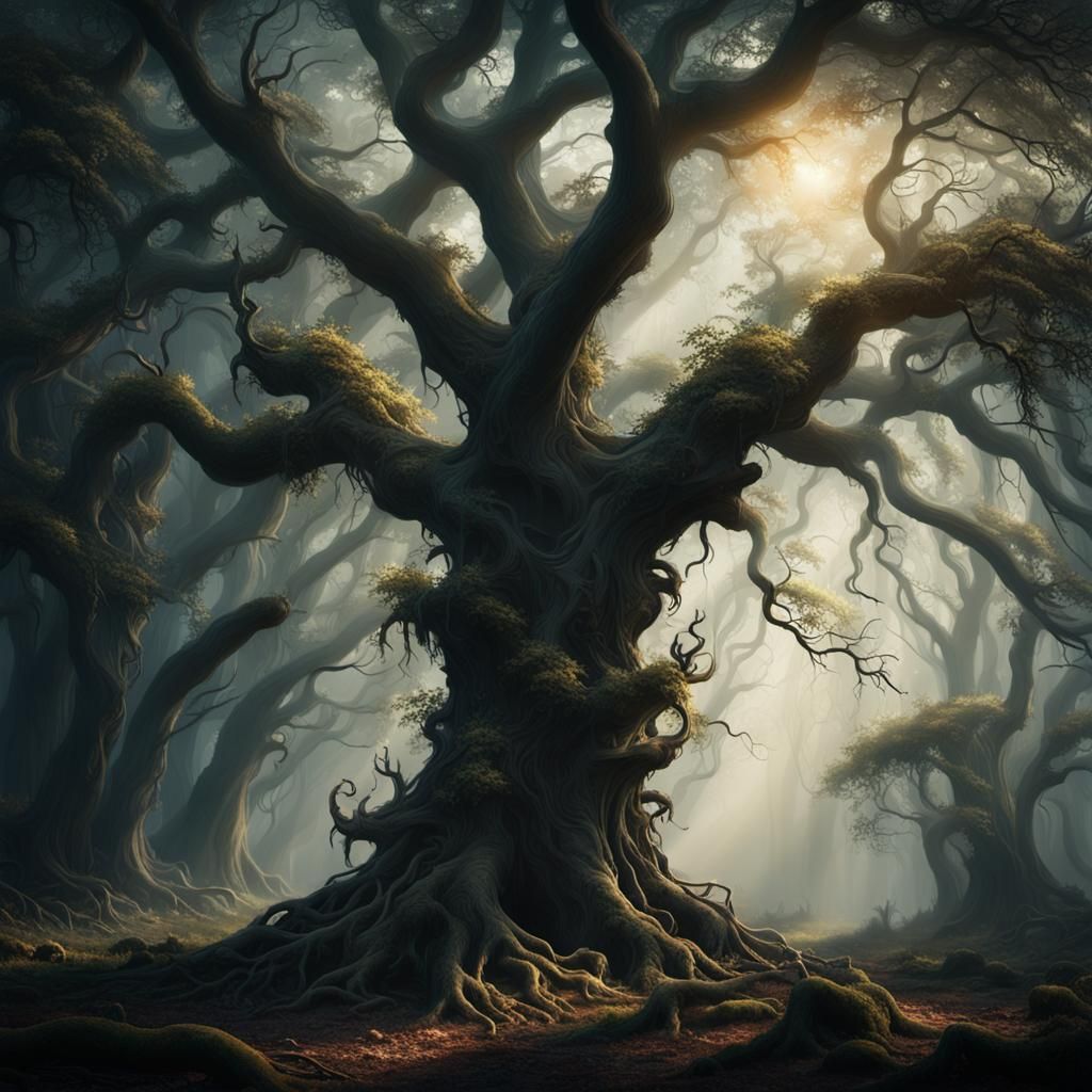 Eerie Dark Fantasy Forest Landscape in Gustave Dorรฉ Style