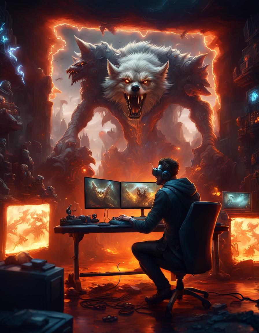 Gamer in Cyberpunk Room with Fantasy Game