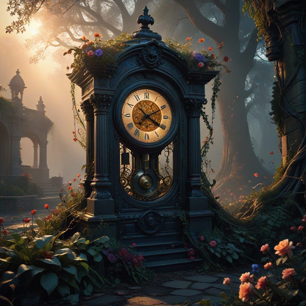 Grandfather Clock in Ruins at Sunset