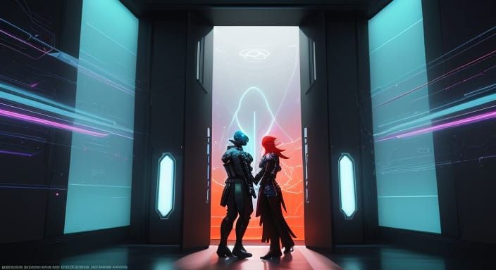 Futuristic Cyberspace Doors in Neon-Lit Expanse with Red and...