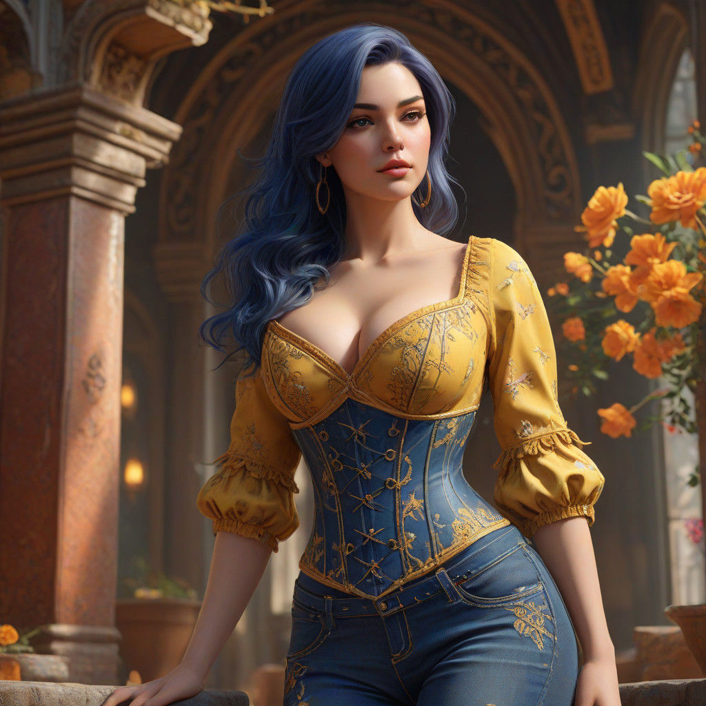 Elegant Dark Blue Haired Beauty in Vibrant FloralCorset and....