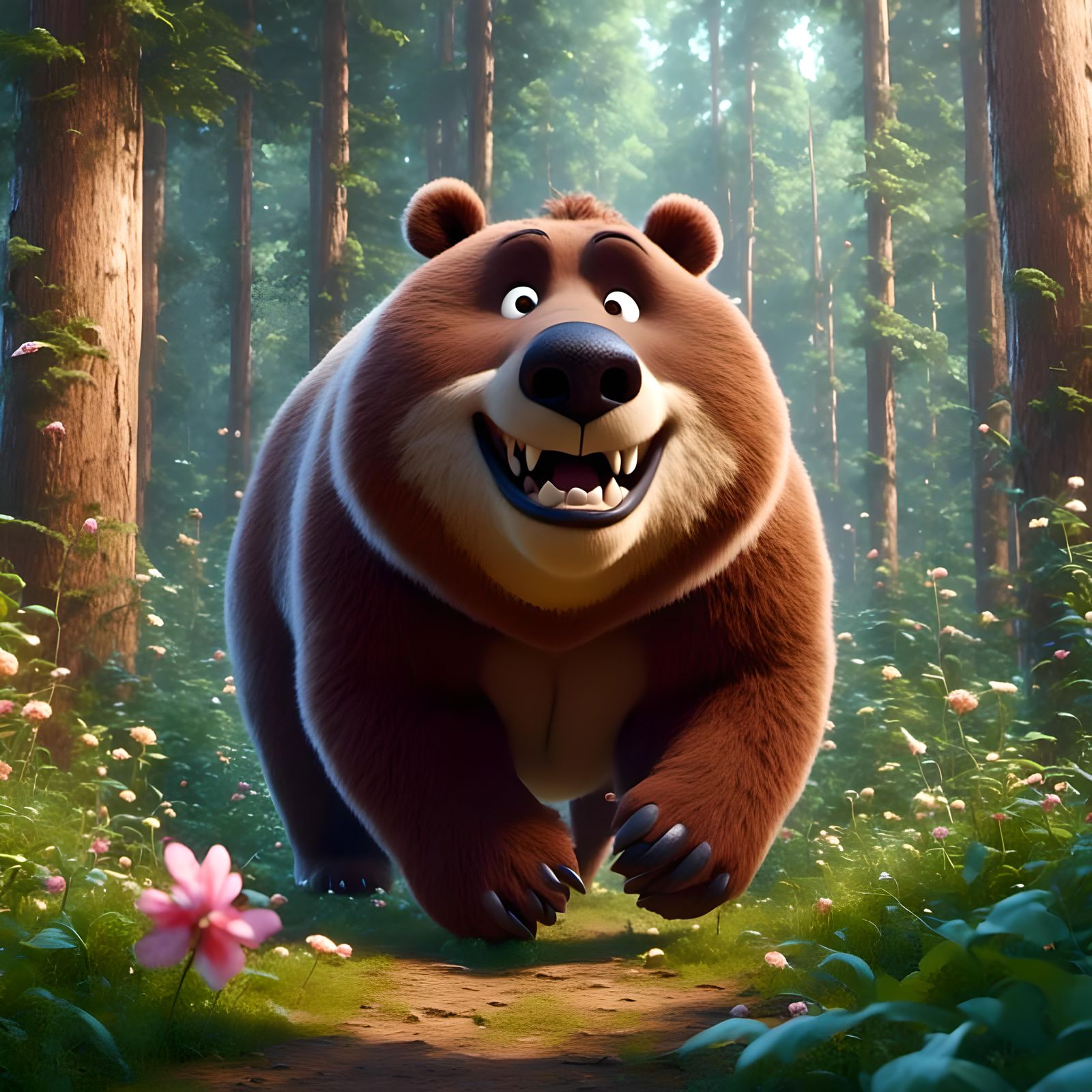 Cute Bear in Forest: Hyperrealistic Digital Illustration