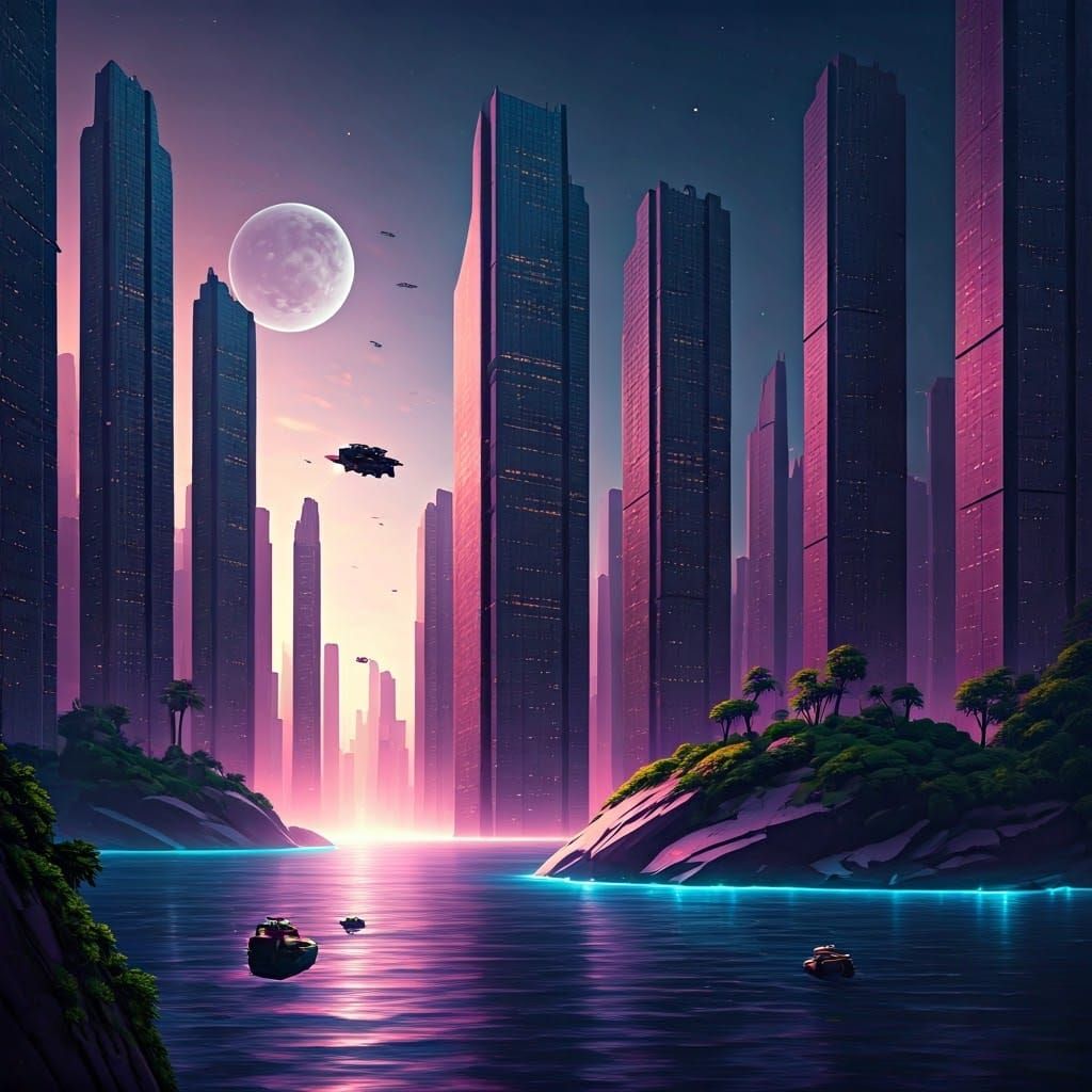 Futuristic City Floating Above Glowing Ocean