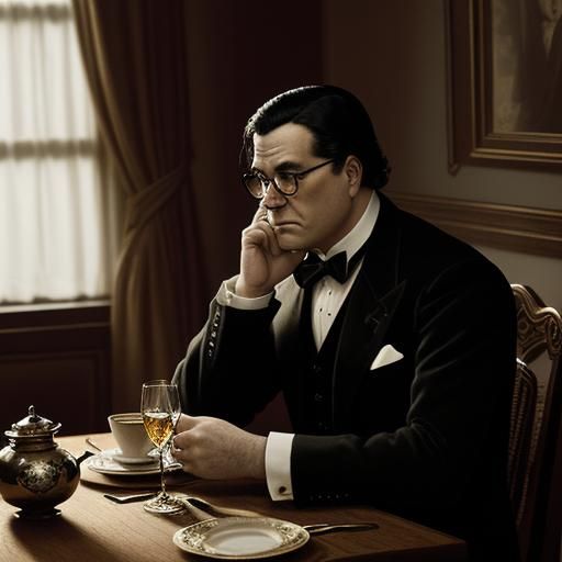 a 32 y.o. man like a claude from gta iii with black hair and brown eyes, dressed in evening clothes of the early 20th ce...